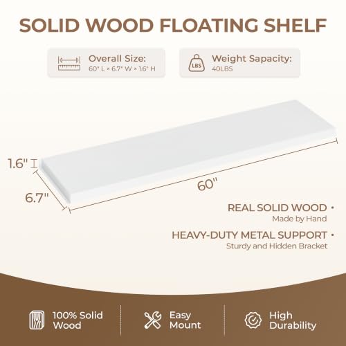 60 inch Long White Floating Shelves Set of 1 | Solid Wood Large Wall Shelves with Invisible Brackets for Living Room, Bedroom, Bathroom, Kitchen, Laundry Room (White, 60 Inch) - color: White, size: 60 Inch set of 1