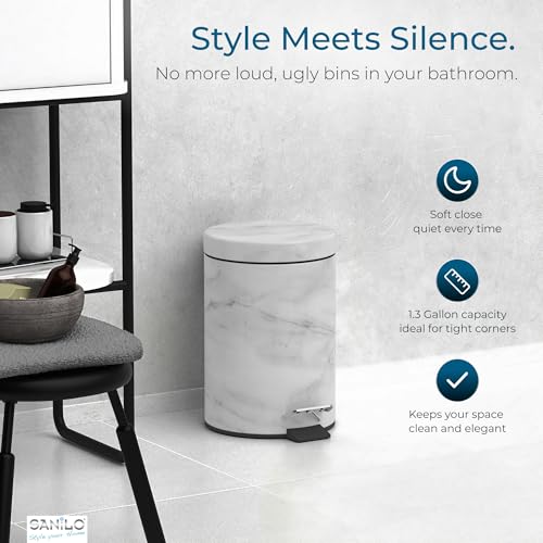 Sanilo Small Bathroom Trash Can with Lid [1.3 Gallon] - Lidded Tiny Trashcan for Garbage - Mini Metal Bin with Soft Closing Mechanism - Bath Room Accessoire Wastebin with Inner Bucket (Marble) - color: Marble