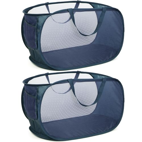 Durable Collapsible Laundry Baskets, Mesh Pop Up Laundry Hamper with Side Pocket, Foldable Clothes Hamper with Reinforced Carry Handles for Laundry, Bathroom, Kids Room, Dorm, Travel 2 Pack Navy Blue - color: 2 x Navy Blue