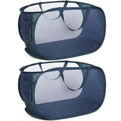 Durable Collapsible Laundry Baskets, Mesh Pop Up Laundry Hamper with Side Pocket, Foldable Clothes Hamper with Reinforced Carry Handles for Laundry, Bathroom, Kids Room, Dorm, Travel 2 Pack Navy Blue - color: 2 x Navy Blue