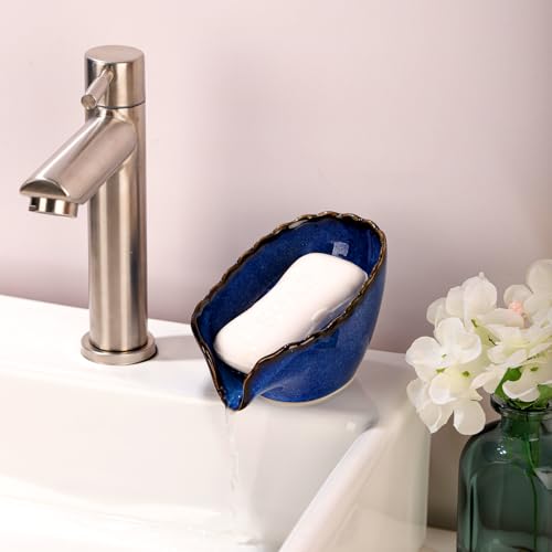 VanEnjoy Dish Washing Soap Holder Blue Ceramic Dish for Soap, Self Draining Soap Holder, Bar Soap Holder Leaf Shape for Bathroom, Kitchen
