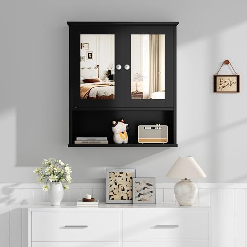 Shintenchi Bathroom Medicine Cabinet with Mirror, Wall Mounted, Black | Over The Toilet Cupboard, Adjustable Shelf, Open & Concealed Storage, 2 Magnet Doors, Space-Saving, Easy to Clean - color: Black