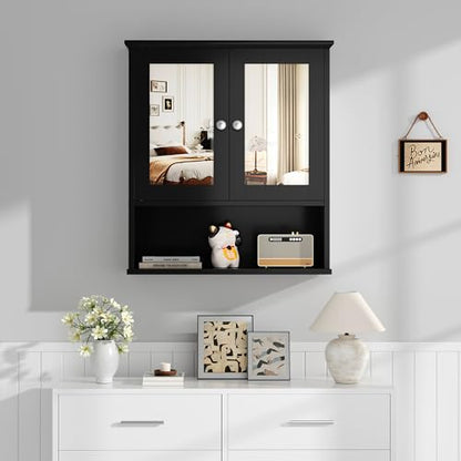 Shintenchi Bathroom Medicine Cabinet with Mirror, Wall Mounted, Black | Over The Toilet Cupboard, Adjustable Shelf, Open & Concealed Storage, 2 Magnet Doors, Space-Saving, Easy to Clean - color: Black