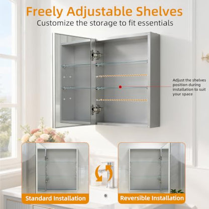 Bathroom Medicine Cabinet,Double-Sided Mirror Door(15.9 x 20) | Silver Aluminium Frame, Lightweight, Sturdy,Attractive,Simple Wall-Mounted,Adjustable Shelves,Tempered glass - size: 15.9"x 20"