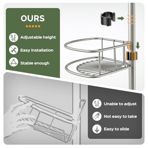 HAMITOR Corner Shower Caddy Tension Pole: 4-Tier Rust-Resistant Adjustable Bathroom Organizer Shelves - 47.72-123.6 Inch No-Drill Quick Install - Space-Saving Storage for Renters Family - Silver Gray