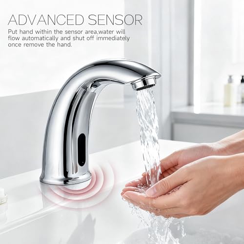 Touchless Bathroom Sink Faucet Automatic Motion Sensor Hands Free Faucet | Chrome plating, with hole cover plate and temperature mixer, commercial solid brass faucet, AC/DC powered, 1 hole or 3 hole - color: Chrome