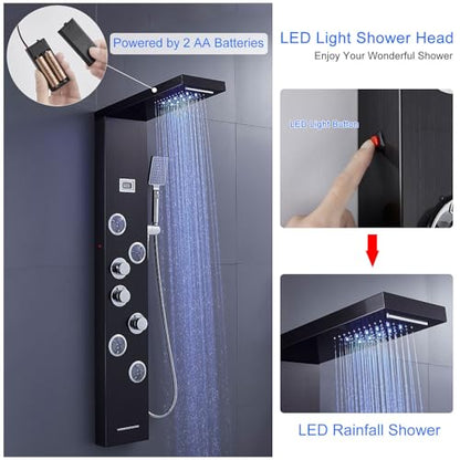 6-in-1 LED Shower Panel Tower System Stainless Steel Black | Rainfall + waterfall | 4 body jets | Handheld shower | Tub spout | LED display | Wall mount - color: Black