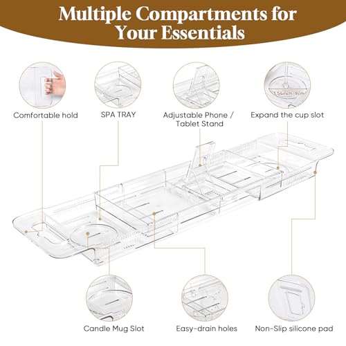 Expandable Clear Acrylic Bathtub Tray Caddy, Foldable Tub Bath Tray with Drain Slots, Slip-Resistant Waterproof Bathroom Shelf Caddy & Home Spa Gift for Women
