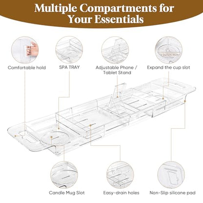 Expandable Clear Acrylic Bathtub Tray Caddy, Foldable Tub Bath Tray with Drain Slots, Slip-Resistant Waterproof Bathroom Shelf Caddy & Home Spa Gift for Women