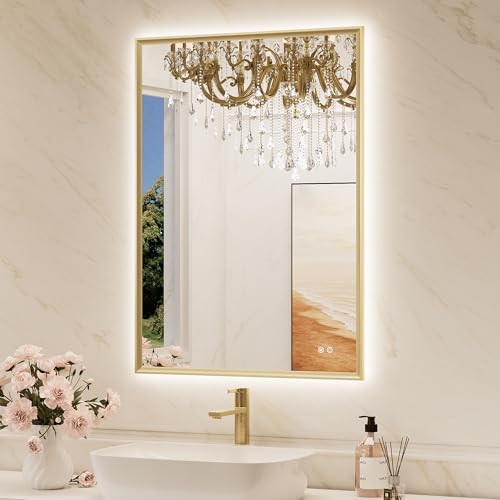 24"x 36" Bathroom Mirror Backlit with Gold Frame, Dimmable Backlight LED Lighted Vanity Mirror with Shatter-Proof, Memory, 3 Colors, Anti-Fog Mirror with HD Tempered Glass - color: Gold, size: 24"L x 36"W, style: Backlit