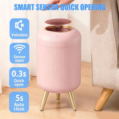 URALFA Automatic Bathroom Trah Can, 3 Gal Motion Sensor Trash Can Touchless | Touchless Sensor Bathroom Garbage Can with Lid, Smart Trash Bin for Bedroom, Office, Restroom, Removable Legs, Pink and Gold - color: Pink, style: Automatic with Legs
