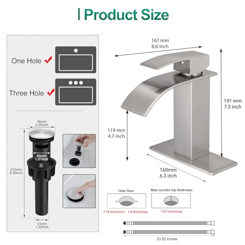 VOTON Waterfall Bathroom Faucets Brushed Nickel Modern Single Handle Sink Faucet for 1 or 3 Holes with Deck Plate and Pop-Up Drain, Rv Sink Camper Farmhouse Faucet - color: Brushed Nickel