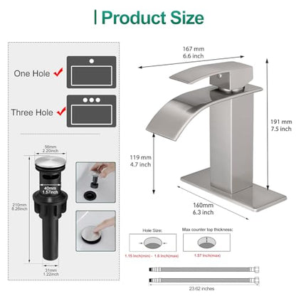 VOTON Waterfall Bathroom Faucets Brushed Nickel Modern Single Handle Sink Faucet for 1 or 3 Holes with Deck Plate and Pop-Up Drain, Rv Sink Camper Farmhouse Faucet - color: Brushed Nickel