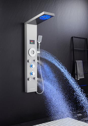 LED Shower Panel Tower System, Stainless Steel Rainfall & Mist Shower Tower, 5 Body Jets, Handheld Shower, Tub Spout and Hydroelectricity Temperature Display, Brushed Nickel - color: Brushed Nickel - 5 Body Jets
