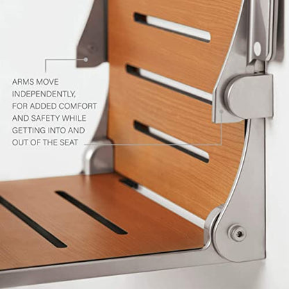 Seachrome Silhouette Comfort Folding Wall Mount Shower Bench Seat with Arms, Teak Seat with Silver Frame - color: Teak Seat With Silver Frame and Silver Arm Pads