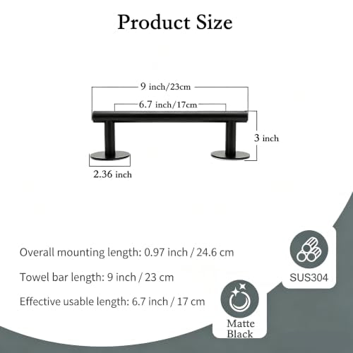9" 3M Self Adhesive Matte Black Hand Towel Holder, No Drill Small Bathroom 304SS Towel Bar - color: Matte Black, size: 9 Inch
