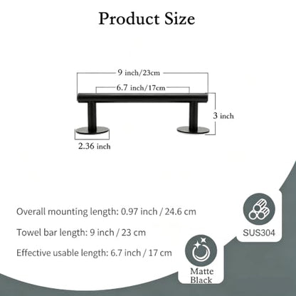 9" 3M Self Adhesive Matte Black Hand Towel Holder, No Drill Small Bathroom 304SS Towel Bar - color: Matte Black, size: 9 Inch