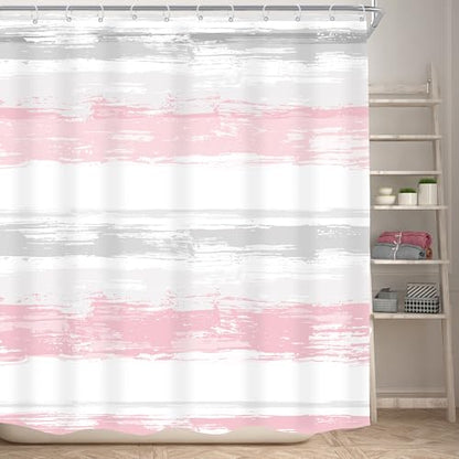 Abstract Gray Pink Women Modern Striped Neutral Bathroom Shower Curtain Set | 72Wx72H Geometric Watercolor design, waterproof HD print with fast-drying fabric and 12 hooks. - color: A3-pink Grey, size: 72"W x 72"L (Pack of 1)
