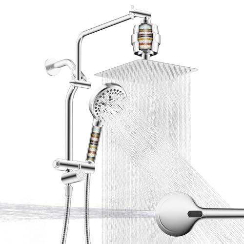 Metal 10" Filtered Rainfall Showerhead Combo, Easy Reach, Chrome | 4-Way Diverter with Pause Mode, High Pressure Shower Head with 10-Spray Handheld, 71" Hose/12" Extension Arm/Holder - color: Chrome, style: Square 10" with filter