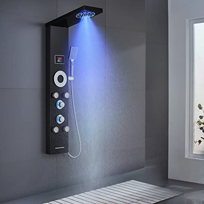 LED Shower Panel Tower System, 304 Stainless Steel Bathroom Shower Tower with 3 Body Massage Jets, Shower Column Wall Mounted - color: Black - 5 Body Jets