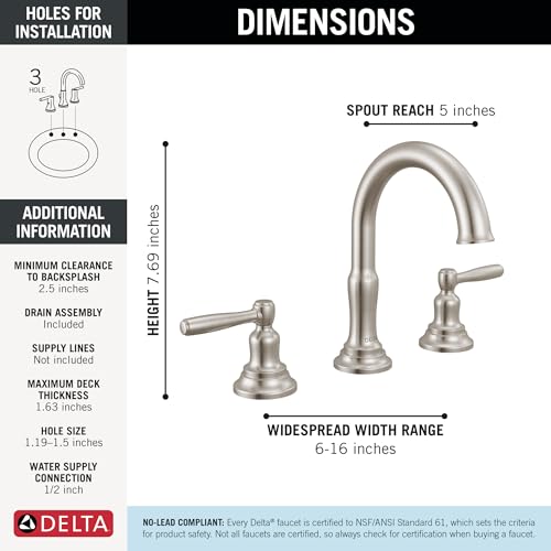Delta Roe Brushed Nickel Bathroom Faucet 3 Hole, 8 Inch Widespread Bathroom Sink Faucet for Vanity, Push-Pop Drain Assembly, Stainless 35985LF-SS - color: Stainless