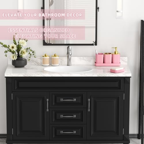 XLHOMO Bathroom Accessory Set - Gorgeous Bathroom Set, 7PC Pink Bathroom Set, Soap Dispenser, Toothbrush Holder, Qtip Holder Set, Bathroom Sets Complete, Bathroom Sink Set for Home Decor - style: Pink&Gold