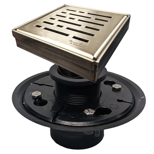 SereneDrains 304 Stainless Steel 4 Inch Square Brushed Gold Shower Drain Kit with Base Broken Lane Brass for Tile Floor Drain Grate Cover Hair Catcher Trap Strainer Filter (Matte Gold, ABS Plastic) - color: Matte Gold