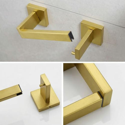 Toilet Paper Holder Wall Mount Brushed Gold Stainless Steel | Toilet Tissue Roll Holder Bathroom Square Toilet Paper Towel Roll Holder Double Post Pivoting Tissue Handle - color: Brushed Goled