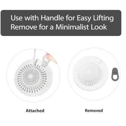 Shower Drain Hair Catcher & Bathtub Drain Hair Catcher, Silicone Drain Hair Catcher with Raised Dome Keeps Draining, Fits Flat & Pop-Up Drains, No-Curl Silicone, No-Touch Pull Tab (White)