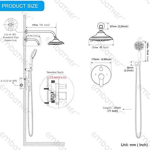 EMBATHER 8'' Shower System with Handheld & Trim Kit, Brushed Nickel | 2-IN-1 Shower Faucet Set, 3-Mode Shower Head, 8-Setting Handheld Spray, Pressure-balanced Valve & Trim Kit - color: Brushed Nickel, size: 8 Inch