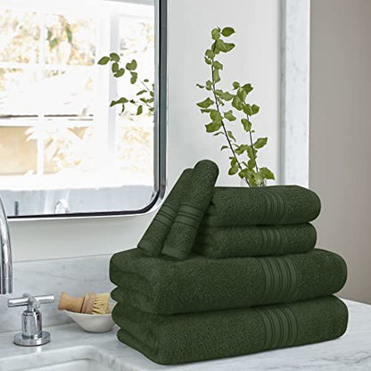 BOUTIQUO 6 Pack Cotton Towel Set, Contains 2 Bath Towels 28x55 inch, 2 Hand Towels 16x24 inch & 2 Wash Coths 12x12 inch, Ideal Everyday use, Ultra Soft Compact & Lightweight - Olive Green - color: Olive Green, size: 6 Pack Set