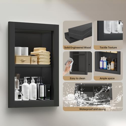 Recessed Medicine Cabinet, 14x18 Wood Recessed Wall Niche Medicine Cabinet Replacement, Water-Proof Wall Niche for Bathroom/Hallway, Black - color: Black, size: 14x18