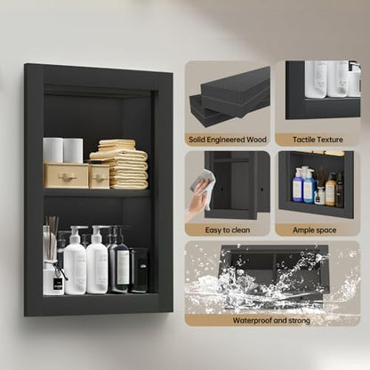 Recessed Medicine Cabinet, 14x18 Wood Recessed Wall Niche Medicine Cabinet Replacement, Water-Proof Wall Niche for Bathroom/Hallway, Black - color: Black, size: 14x18