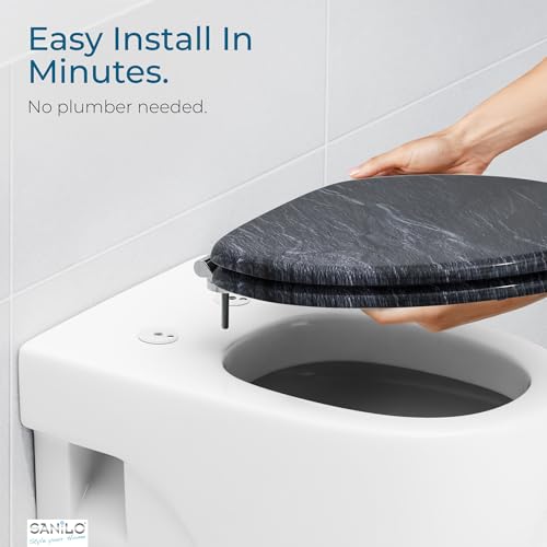 SANILO Wooden Toilet Seat with Soft Close [ELONGATED] - Decorative, Quiet & Slow Close Molded Wood Seat - With Strong Bumpers & Hinges - Adjustable Fit - Granite - color: Granite