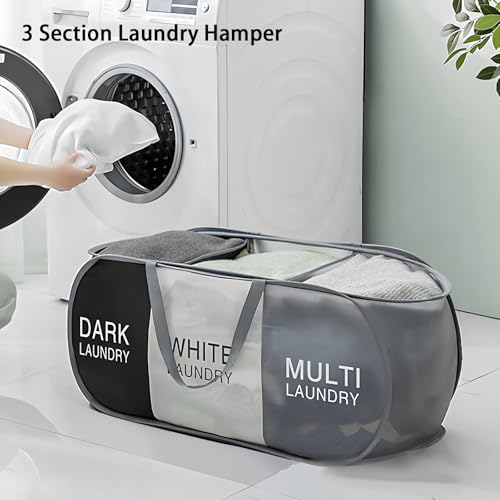 Pop Up Laundry Hamper 3 Section, Collapsible Laundry Basket with Carry Handles for Home, Laundry Room, Bedroom, Dorm, RV Travel (Black & Grey & Beige - 3 Compartments)