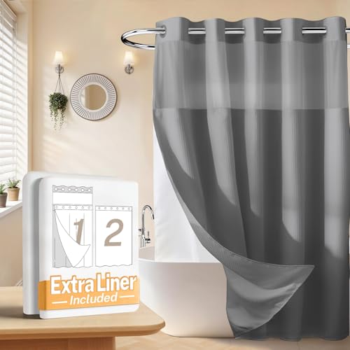 River Dream No Hooks Shower Curtain with 2 Snap in Liner, Gray, 71Wx74H | Waffle Weave, 1 Attached Snap in Liner and 1 Extra Replacement Liner, Bathroom Curtains Shower Set, Hotel Grade, Spa Like - color: Grey