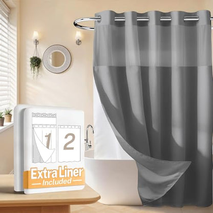River Dream No Hooks Shower Curtain with 2 Snap in Liner, Gray, 71Wx74H | Waffle Weave, 1 Attached Snap in Liner and 1 Extra Replacement Liner, Bathroom Curtains Shower Set, Hotel Grade, Spa Like - color: Grey