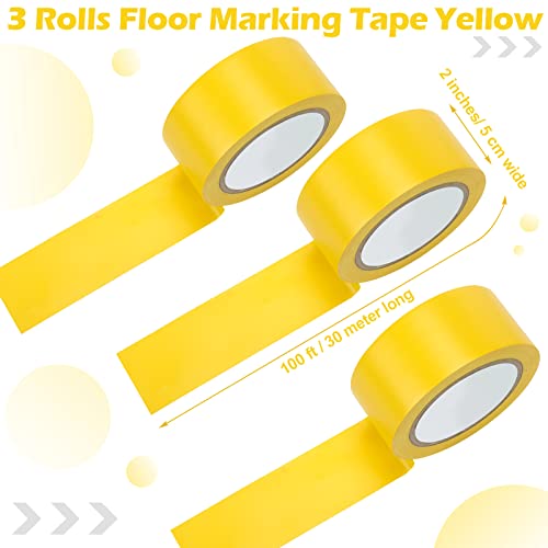 Outus 3 Rolls Floor Marking Tapes 2" Width 100' Length Yellow Durable Non Abrasive Strong Floor Tape for Social Distancing, Gyms, Athletics, School, Restaurants, Equipment, Heavy Foot Traffic