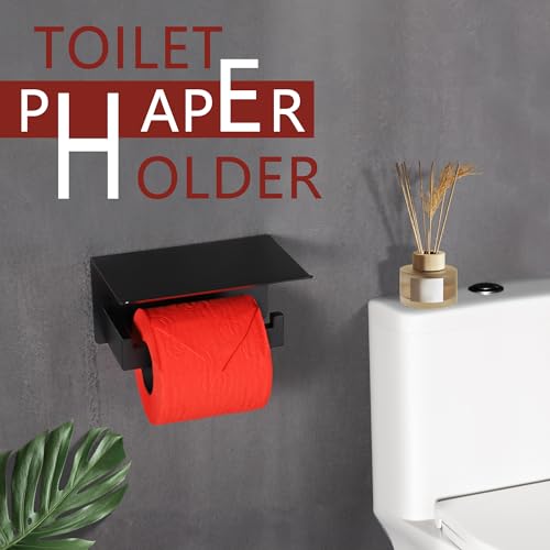 LANC 2-Pack Black Toilet Paper Holder with Shelf, Toilet Tissue Roll Holder with Phone Shelf for Bathroom Wall Mounted Toilet Paper Roll Holder 304 Stainless Steel, Right Hand A8367MB-P2 - color: Matte Black, size: Right-2 PCS