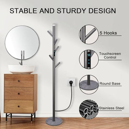 Heated Towel Rack, Freestanding Towel Warmer with 5 Hooks, Touch Control 35-70°C Heated Coat Rack Stainless Steel Towel Radiator for Bathroom, Apparment, Office, Gray, Plug in