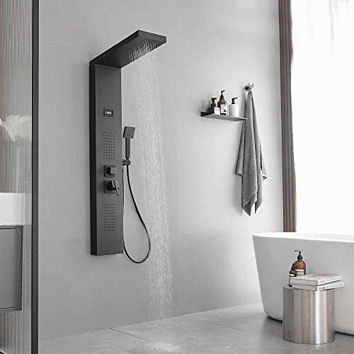 Bathroom Shower Panel Shower Tower System with 100 Body Massage Nozzle Jets, Shower Wall Panels Rainfall Shower Head with Temperature Display, Stainless Steel, Black