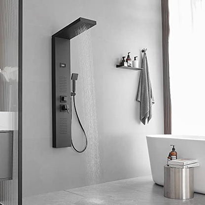 Bathroom Shower Panel Shower Tower System with 100 Body Massage Nozzle Jets, Shower Wall Panels Rainfall Shower Head with Temperature Display, Stainless Steel, Black