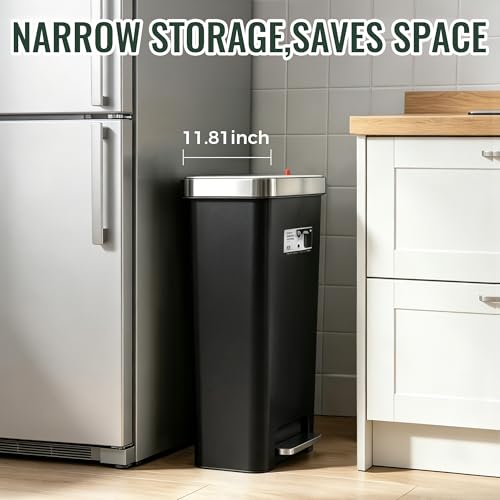 Kitchen Trash Can with lid ,Large 12 Gallon Slim Tall trash Can,Narrow Trash Bin Step-on with Lid, Plastic Black Garbage Can with Stainless Steel Rim for Bathroom,Living room,Bedroom,Yard,Garden