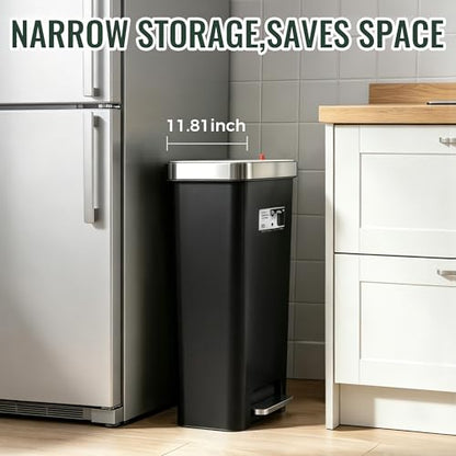 Kitchen Trash Can with lid ,Large 12 Gallon Slim Tall trash Can,Narrow Trash Bin Step-on with Lid, Plastic Black Garbage Can with Stainless Steel Rim for Bathroom,Living room,Bedroom,Yard,Garden