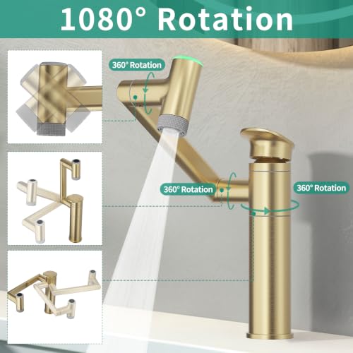 Bathroom Faucet 1 Hole with Temperature Display, Brushed Gold | Batteries-Free, 1080° Rotatable Single Hole Bathroom Faucet, Single Handle Bathroom Vanity Faucets, 2 Spray Modes - color: Brushed Gold
