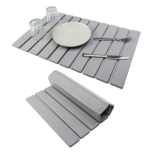 Large Stone Diatomaceous Dish Drying Mat/Rack, 24"×16", Light Gray | Collapsible Water Absorbing & Super Heat Resistant Diatomaceous Dish Drying Rack for Kitchen Counte, 5 Colors Available
