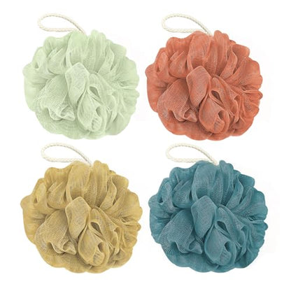 Rnoafmu Shower Loofah Bath Sponge, 60G Loofah Exfoliating Body Scrubber, 4 Color Mesh Shower Pouf Balls for Body Wash (Yellow Red Green Blue) - color: Yellow Red Green Blue