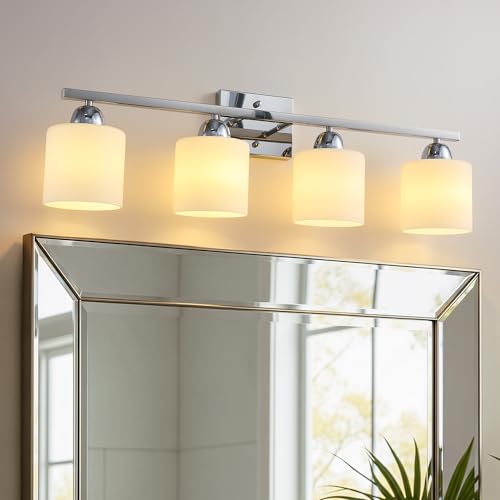 Mecgirn Stainless Steel Milk Glass Vanity Lights for Bathroom, 4 Light Chrome Bathroom Light Fixtures Over Mirror, Ceramic E26 Sockets Wall Mounted - color: Chrome, size: 4 Light