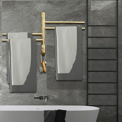 ZHOUXIAO Premium Brass Swing Out Towel Bar Holder Wall-Mounted/Swivel Towel Rack Hanger Organizer for Bathroom, 4-Bar Towel Bar Folding Arm Swivel Hanger Bathroom Storage Brushed Gold
