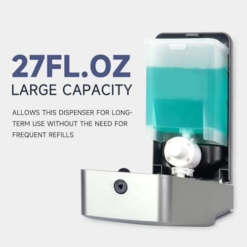 AIKE Liquid Commercial Soap Dispenser,27oz for Bathroom Sleek Silver,AK1006 | No-Drill and Screw Dual Wall Mount Install Design for Space-Saving,Easy Push Easy Refill and Large Capacity for Commercial - color: Silver